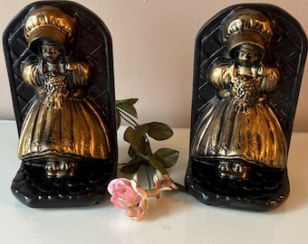 Vintage Ceramic Girl Bookends: Black And Gold Leaf Sunbonnet Sue c. 1970s