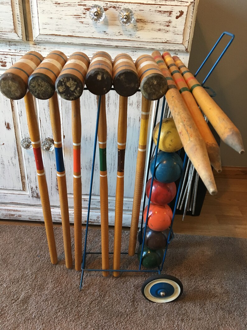 Retro Midcentury Vintage Wooden Croquet Set For 6 With Wood Image 0