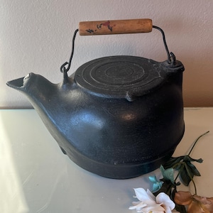 Vintage cast iron large tea kettle with swivel top / decoration only / cast iron tea kettle planter with holes in the bottom