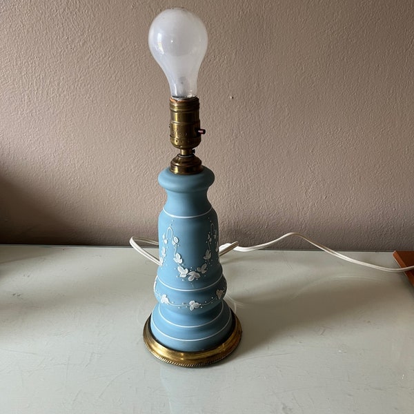 Vintage blue frosted candlestick type lamp base / blue lamp with white flowers and raised dots / vintage lighting / small blue desk lamp