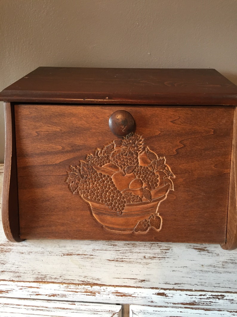 Heavy Wood Vintage Breadbox With Carved Fruit On Door Etsy