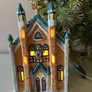 Lit Christmas village church / Victorian village Christmas church / ceramic church for Christmas village / Christmas church with blue roof