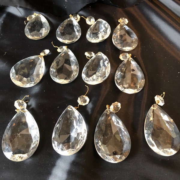 Large used vintage glass teardrop prisms, cut glass multi faceted prisms for crafts, jewelry making, replacement prisms , sold individually