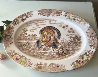 Large oval turkey platter / ironstone transferware made in Japan / colorful Thanksgiving platter / holiday turkey platter / chips present