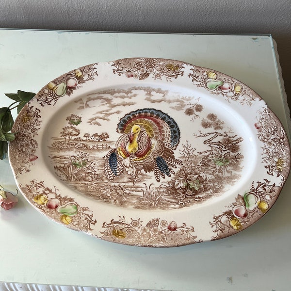 Large oval turkey platter / ironstone transferware made in Japan / colorful Thanksgiving platter / holiday turkey platter / chips present