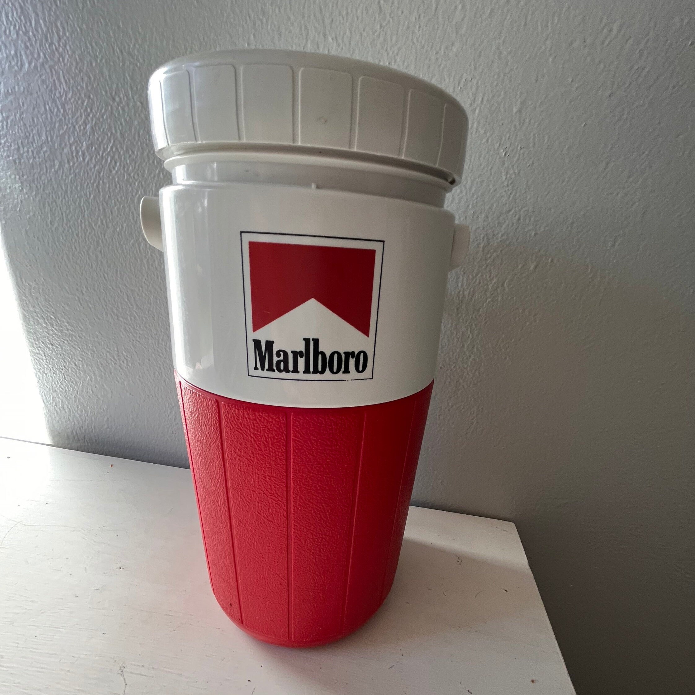 Marlboro Coleman Thermos Beverage Holder Red White Jug Handle USA USED/GOOD  CONDITION Auctions