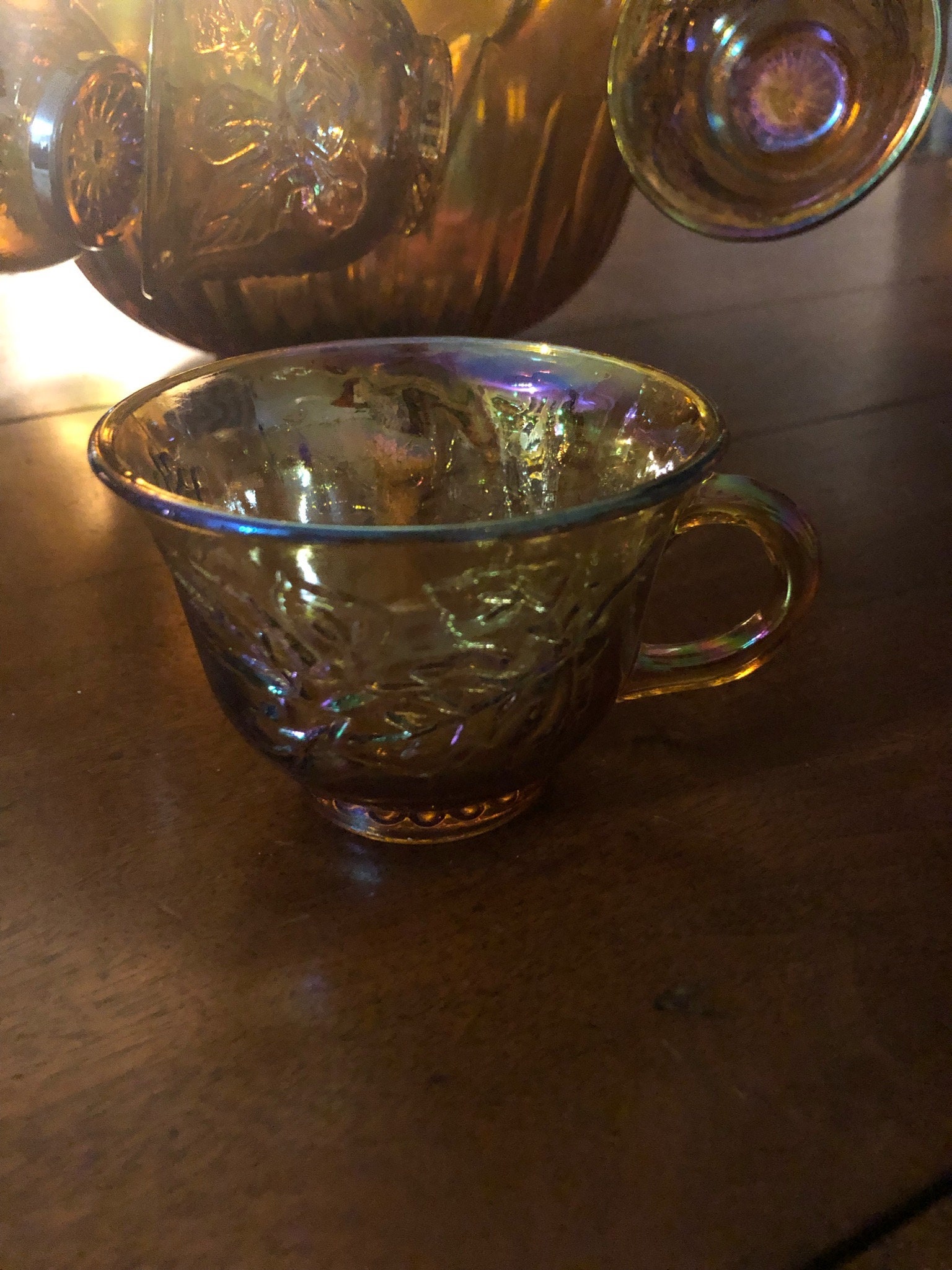 Vintage marigold carnival glass punch bowl ladle and hooks from Indiana