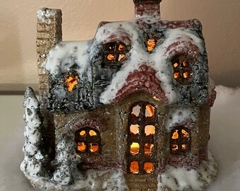 Stone Christmas village house / stone Xmas house incense, tea light burner / Victorian village stone house / vintage Christmas decoration