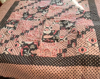 SALE / Pink gray baby girl quilt, blanket, throw / Michael Miller It's A Girl Thing fabric with elephants, giraffes, hippos