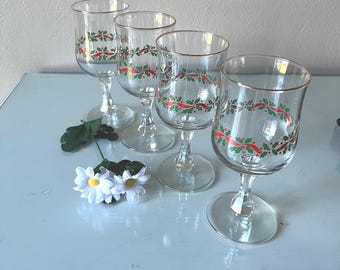 Vintage Used  Arby's Libbey Christmas Wine Glasses: Holly Berry Footed Barware