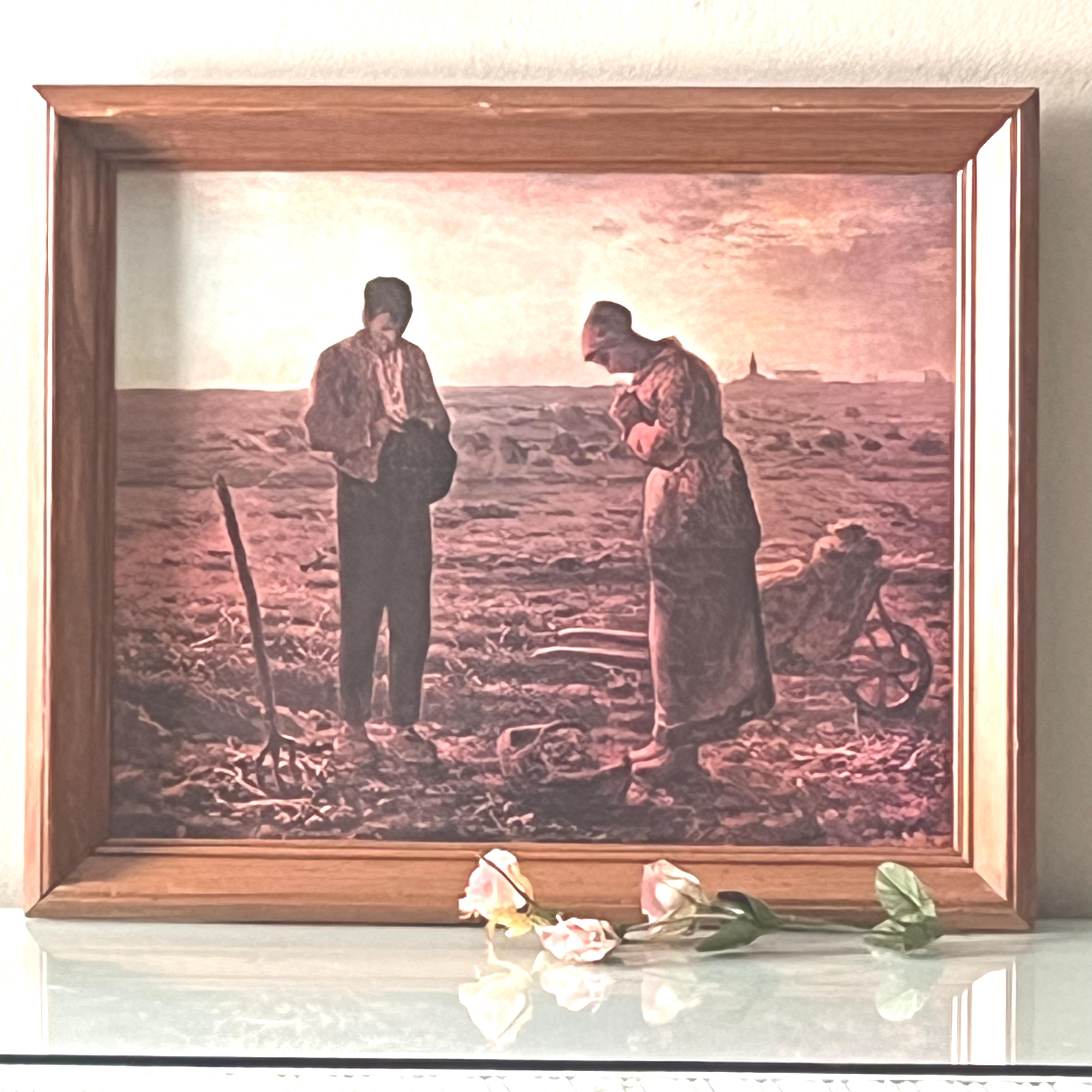 額縁入り　「晩鐘（L’Angélus）」の複製（プリント）♪ The Angelus by Jean-francois Millet Large Framed Picture , Man and