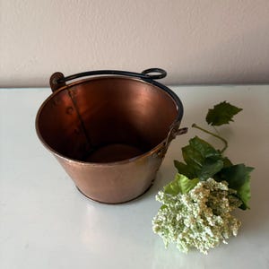 May include: A small, copper-colored bucket with a black handle and rim. The bucket has a conical shape and is riveted. A sprig of white and green faux flowers and leaves rests beside the bucket.