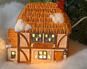 Vintage Lit Ceramic Christmas Butcher Shop House - 1987 Brinn's Victorian Village
