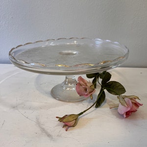 Vintage Jeanette Glass Elevated Cake Plate: Harp Pattern, Gold Trim, Scalloped Edge