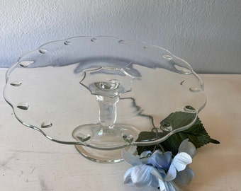 Elegant elevated cake plate, stand, plateau /used clear crystal glass cake plate with scalloped edge, teardrop design