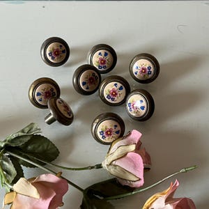 Vintage Brass & Ceramic Drawer Pulls: Floral Beige Knobs, Set of 9