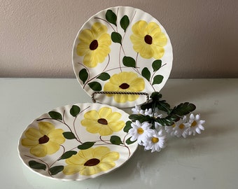 2 luncheon plates in Ridge Daisy by Blue Ridge Southern Pottery / vintage plates with three yellow & brown flowers / hand painted underglaze