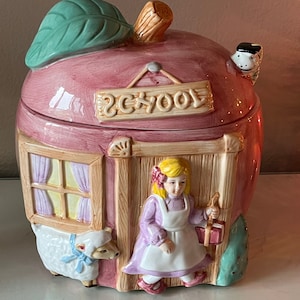 Mary Had a Little Lamb cookie jar / ceramic nursery rhyme pastel cookie jar / cookie jar with lamb and swing / novelty cookie, treat  jar