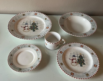 1998 Gibson Christmas Snowman Dinnerware, 5 Piece Place Setting