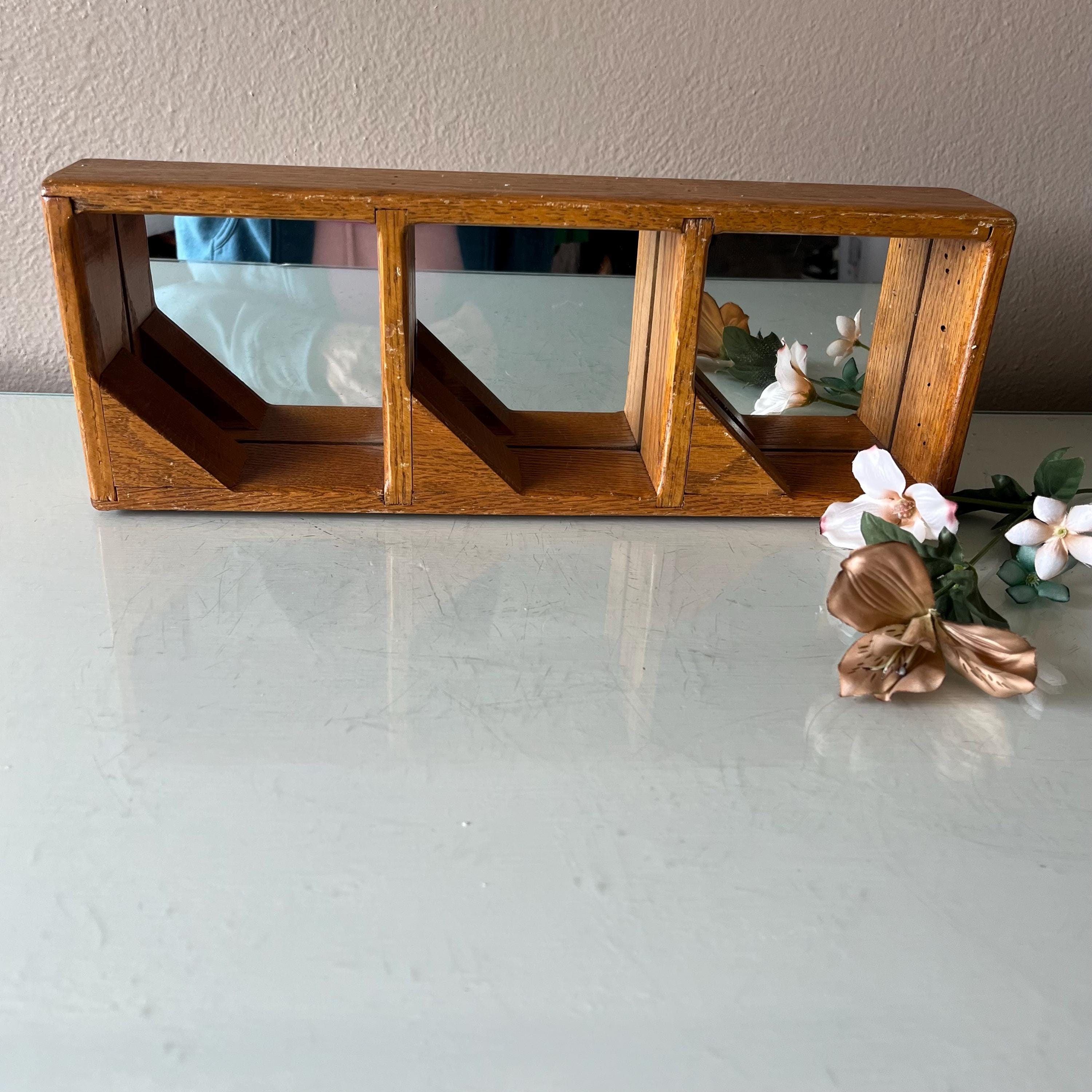 Vintage wood wall shelf with 3 mirrors / horizontal wood separated mirror / vintage wood wall decor, hanging