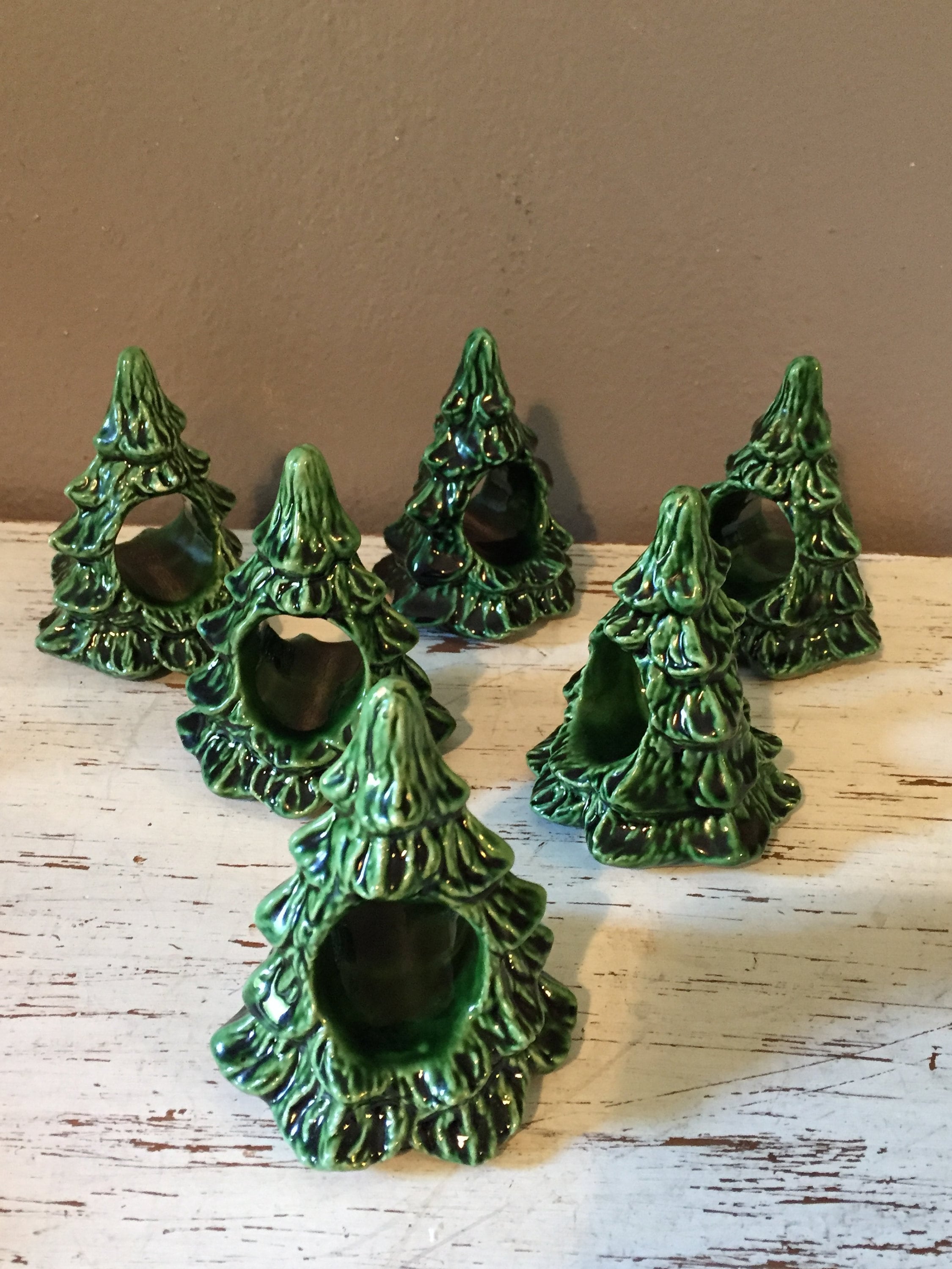 Vintage ceramic glazed evergreen Christmas tree napkin rings Etsy