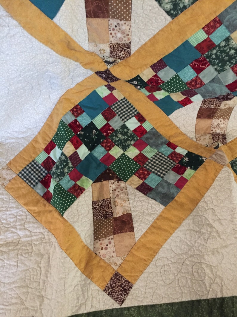 Under The Apple Tree scrappy quilt patchwork quilt in greens red gold quilt wall hanging small quilted throw