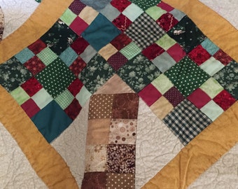 SALE  / Under The Apple Tree scrappy quilt / patchwork quilt in greens, red, gold / quilt wall hanging / small quilted throw