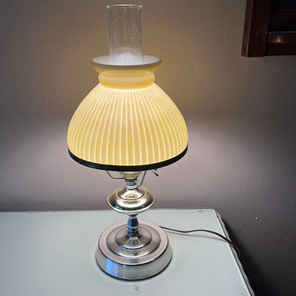 Vintage desk, accent, study lamp / Art Deco-style hurricane glass lamp shade with metal base / yellow glass ribbed shade student, desk lamp