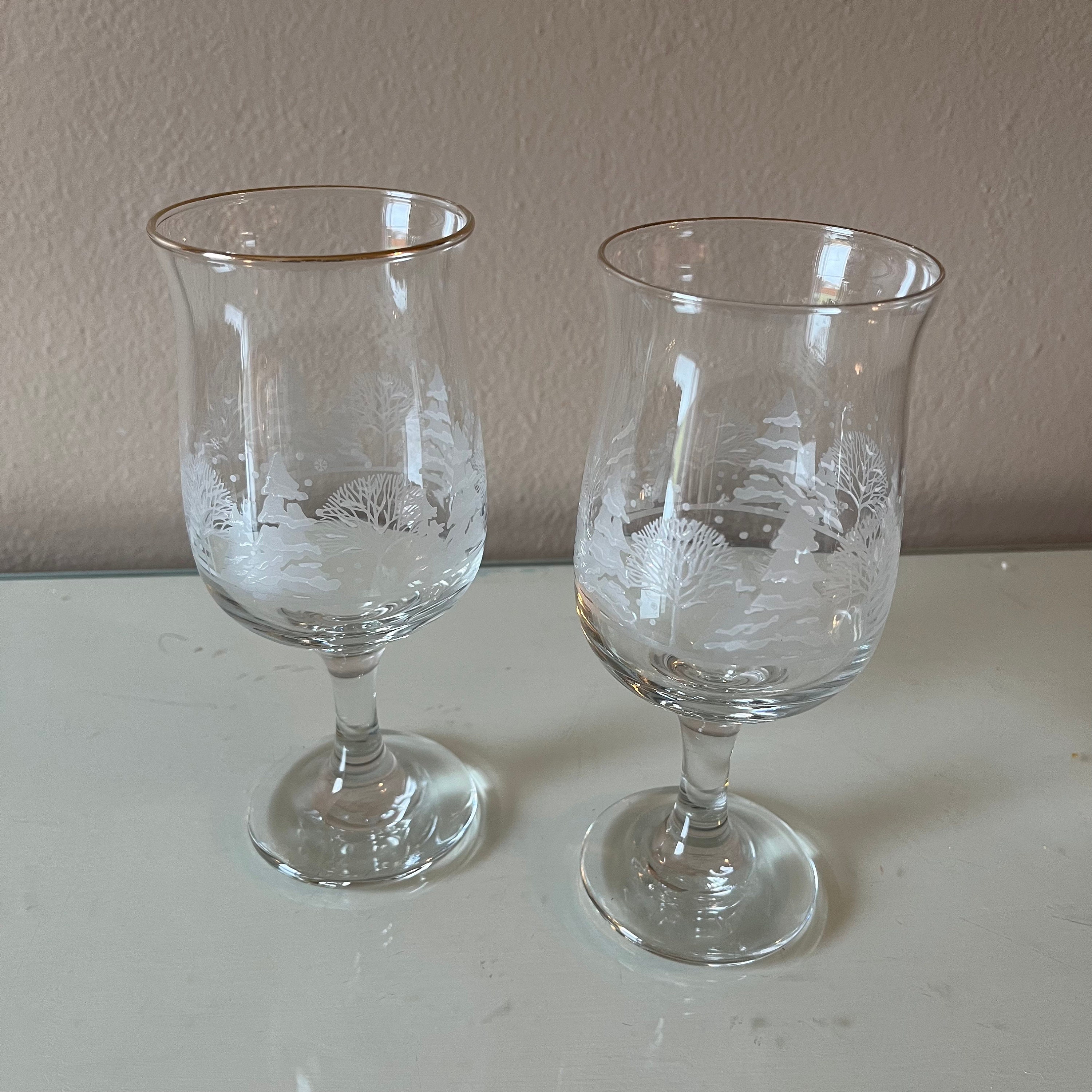 Vintage Libbey Arby Winter White Christmas Tree Goblets: Frosted Pine - Set of 2