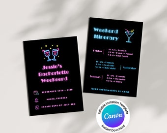 Miami Bachelorette Party Invitation Template – Neon Editable Canva Design + Weekend Itinerary