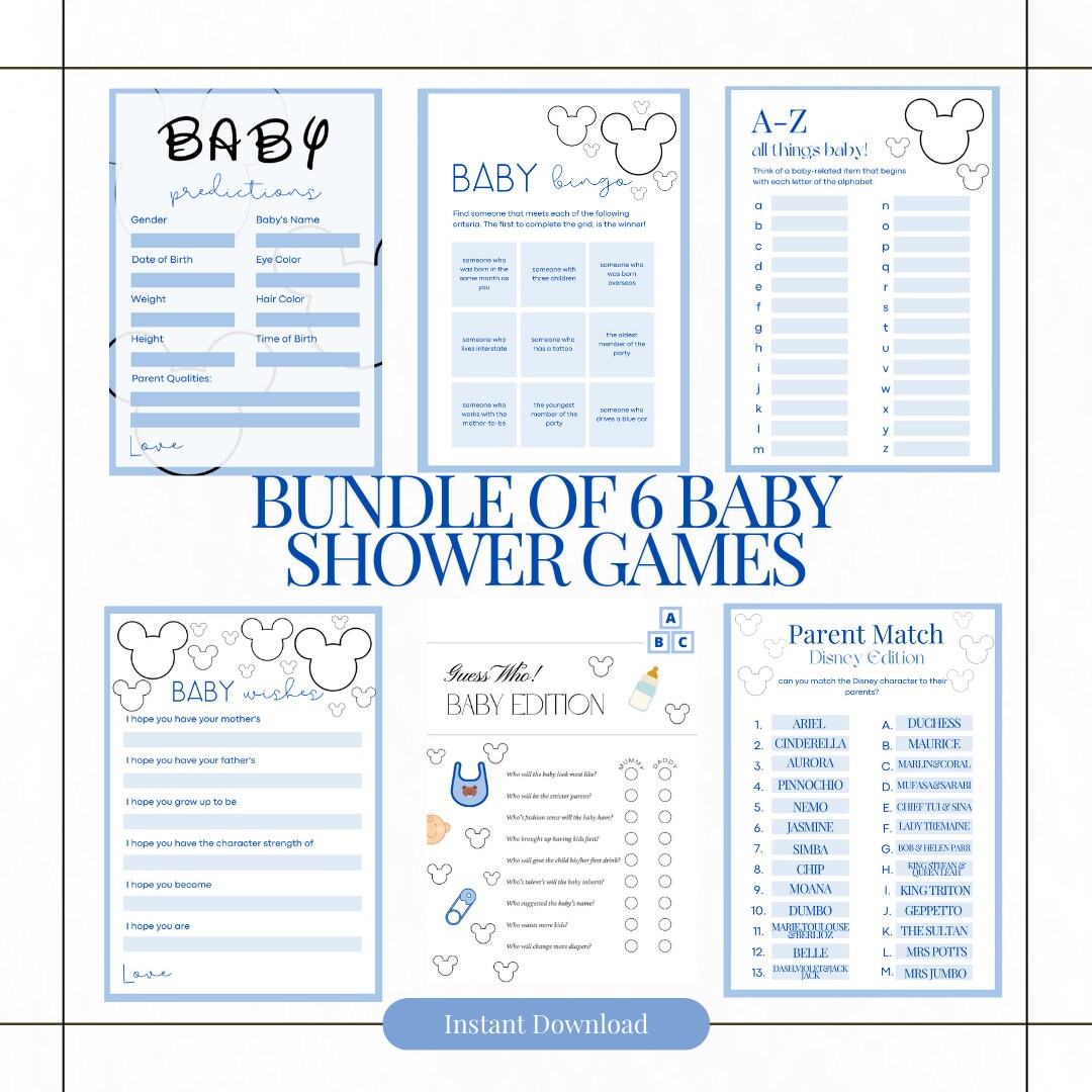 Mickey Themed Pale Pastel Blue Baby Shower Games Bundle Instant Digital ...
