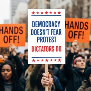 May include: A protest sign held high, with the words "DEMOCRACY DOESN'T FEAR PROTEST DICTATORS DO" in blue and red, framed by stars. Other signs read "HANDS OFF!" in orange. A crowd of people is visible in the background.