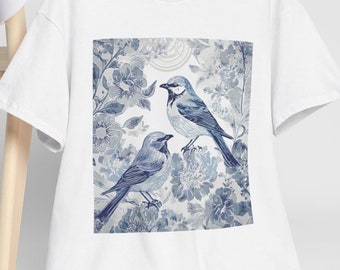 Camiseta com estampa botânica, camiseta de pássaro, camisa floral, presente perfeito para ela para ele, camiseta fofa, azul branco, camiseta com estampa casual, top novidade, animal