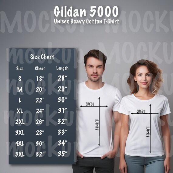 Gildan 5000 Unisex Heavy Cotton Tee Tshirt Couple Size Chart Size Guide Mock Mockup Chest Height Measurements High Quality JPG Downloadable