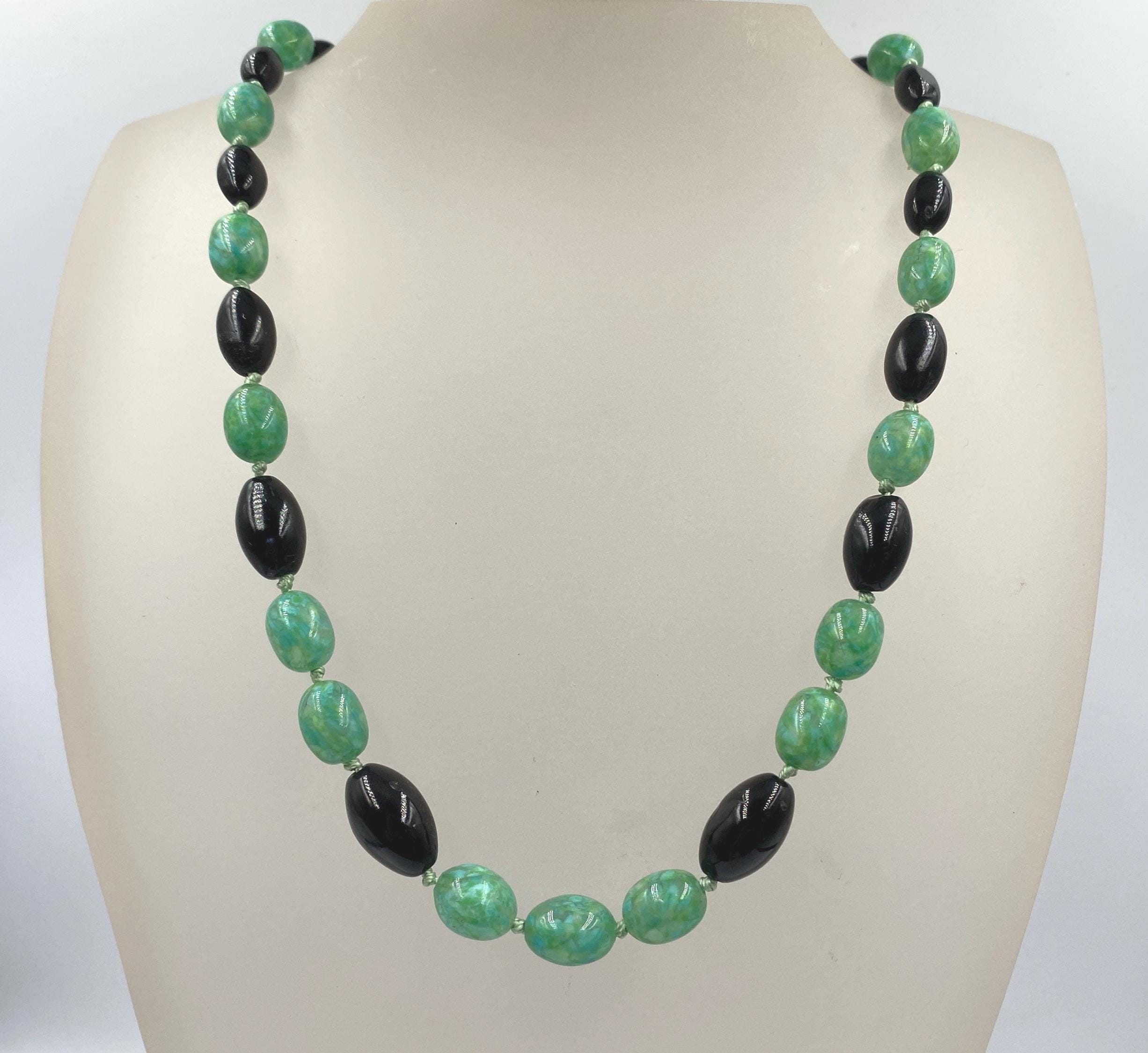 Collier Vintage Perles Pâte De Verre Jaune Et Vert, Bijou Fantaisie Femme Années 80