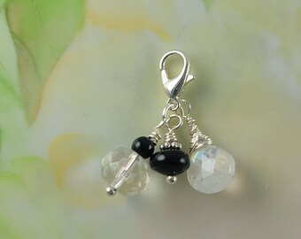 Clip On Dangle Black Onyx White Chalcedony Clear Crystal Silver  1" on Lobster Clasp