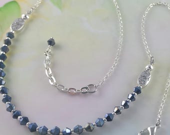 Blue Czech Glass Beaded Necklace Adjustable 18" to 19 1/2"