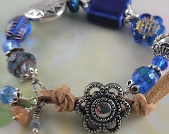 Beaded Faux Leather Charm Bracelet 6 1/2"