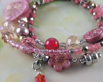 Wrap Bracelet  Czech Glass 3 Wraps with Magnetic Clasp 7" Wrist 21" in Length