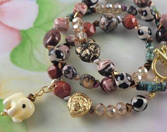 Wrap Beaded Bracelet African Theme Agate Jasper Mahogany Obsidian African Turquoise Crystals Elephant Dangle Lion Head Bead 7" Wrist Fit