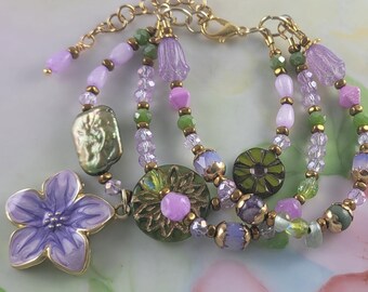 Lavender Enamel Charm Beaded Baroque Pearl Czech Glass Adjustable Bracelet 6 1/2" to 8"