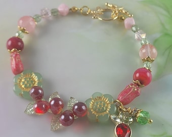 Fairy Bracelet with Czech Glass Tear Drops Flowers Beads Dangles Dragonfly Gold Toggle 6 1/2"
