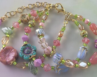 Czech Glass Beaded 3 Strand Bracelet Mauve, Pinks, Greens, Lavender, Orchid Adjustable 6  1/2" to 8"