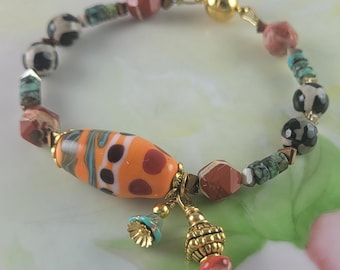 African Lamp Work Beaded Bracelet with Dangles Magnetic Clasp 7"