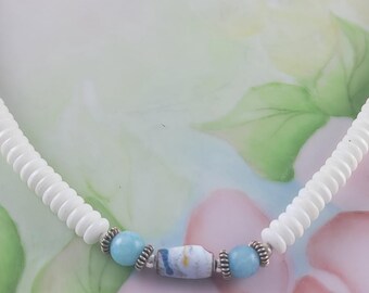 Beachy White Natural Bone Choker Aquamarine, Fresh Water Rice Pearls & Ceramic Bead 16 1/4"