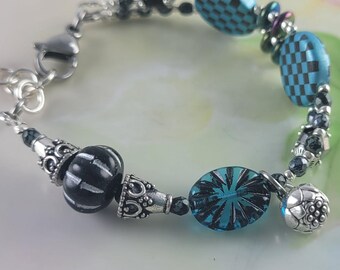 Blue Black Checkered 2 Hole Starburst Czech Glass Beaded Adjustable Bracelet 6 1/2 to 7 1/4  "