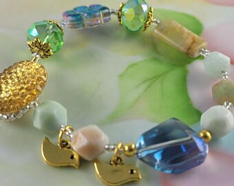 Beaded Button Multi-stone Crystal Bracelet Bird Charms 6 1/2"