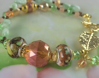 Lamp work Beaded Bracelet 7 1/2" Gold Leaf Toggle 2 Strands