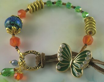 Butterfly button Mood Bead Crystal Bracelet 7"