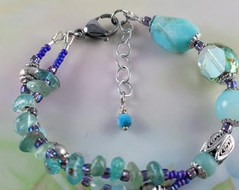 Amazonite 2 Strand Bracelet with Aqua Apatite Nuggets Czech Glass Silver Accents Extender Chain 6 1/2 to 7 1/2 "